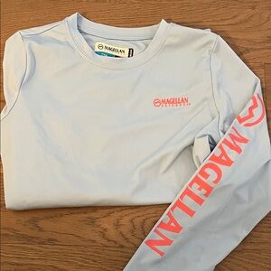 Magellan Outdoors Light Blue Shirt with Coral Graphic